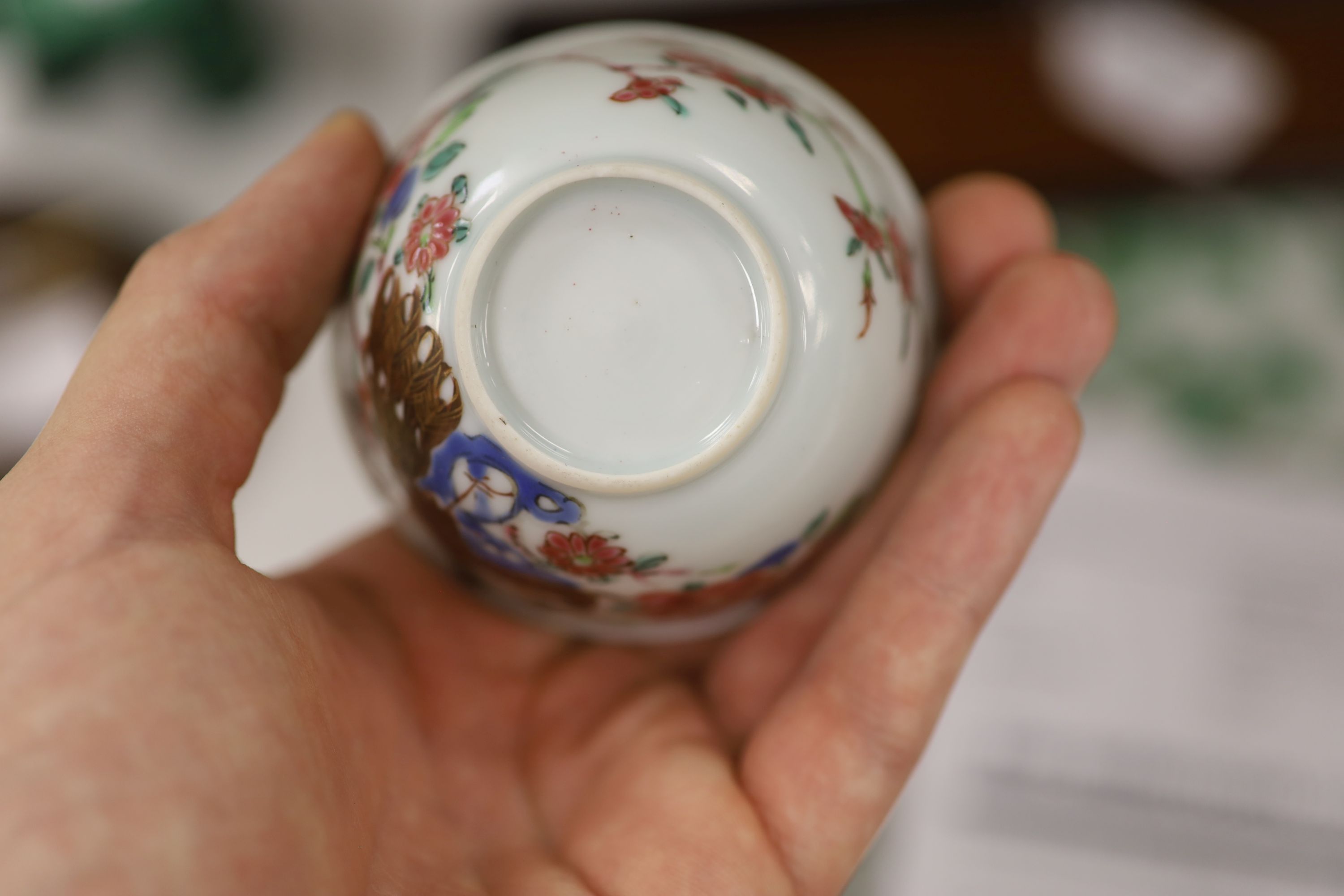 Three 18th century Chinese famille rose or Imari tea bowls together with five saucers